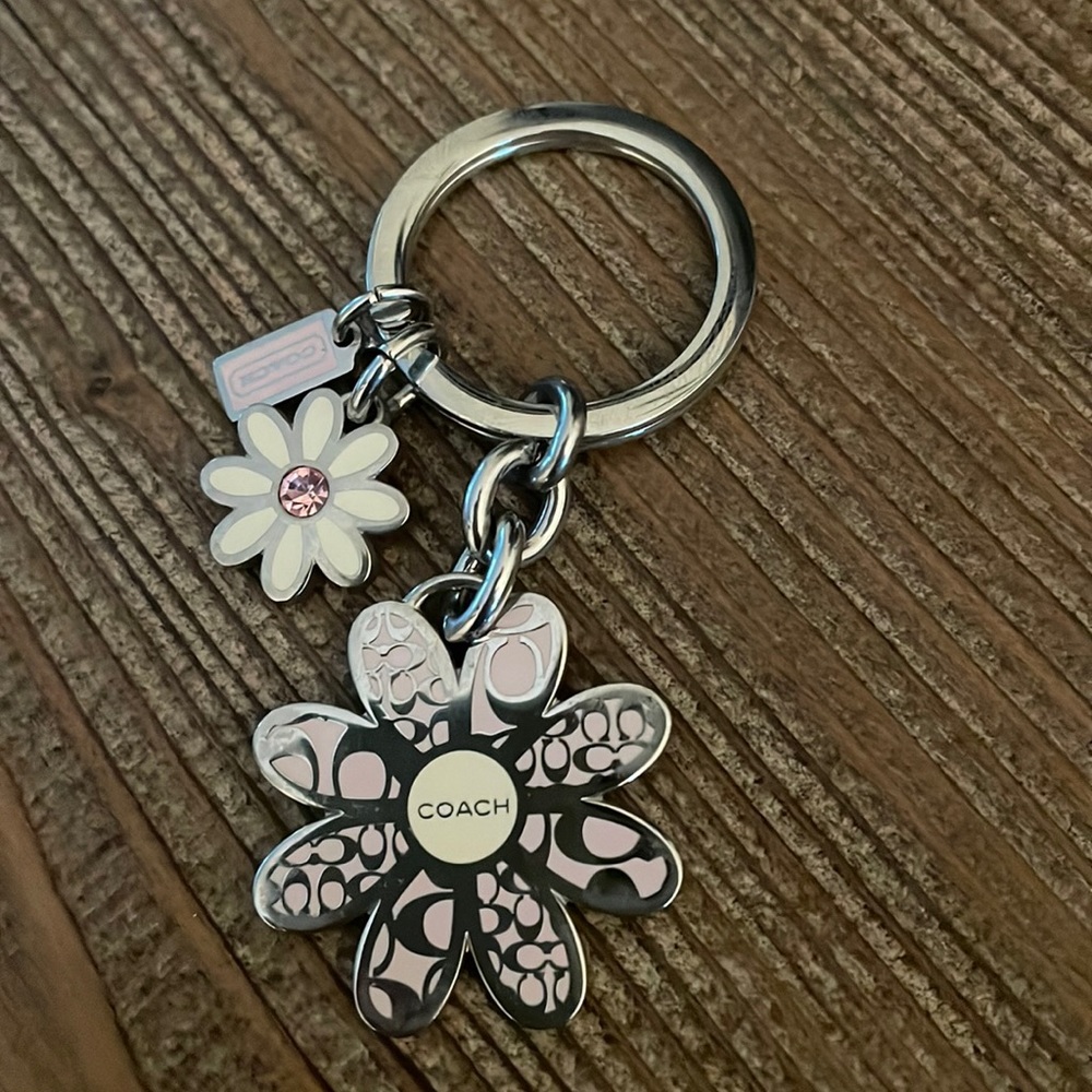 Vintage COACH Double Daisy w/ Pink Crystal Keychain